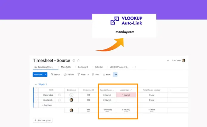 Automate your timesheet with monday.com using VLOOKUP