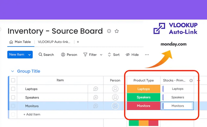 Inventory management with monday.com using VLookup