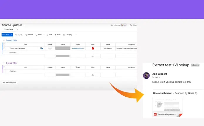 Monday.com link board updates with Extract and VLookup​